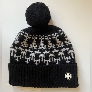 NWT Tory Burch Black & White Merino Wool Fair Isle Knit Beanie Hat
